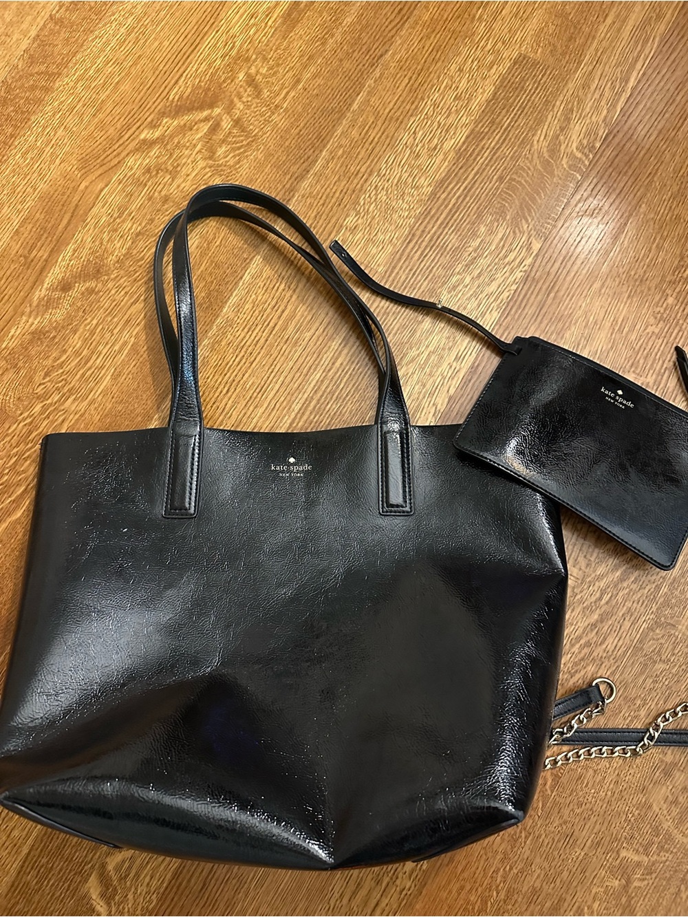 kate spade Black Patent Leather Tote with Wristlet and Chain Strap